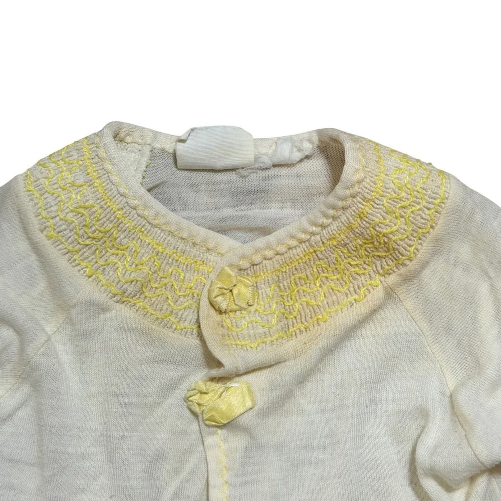 Vintage Carters Layette Baby Cardigan White Yellow Smocked Embroidered Knit